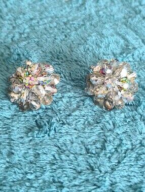 Vintage Clear Crystal Flower Clip-On Earrings